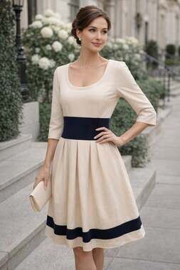 Nanette Lepore Cream Fit and Flare Dress with Navy Colorblock Waistband Size 10